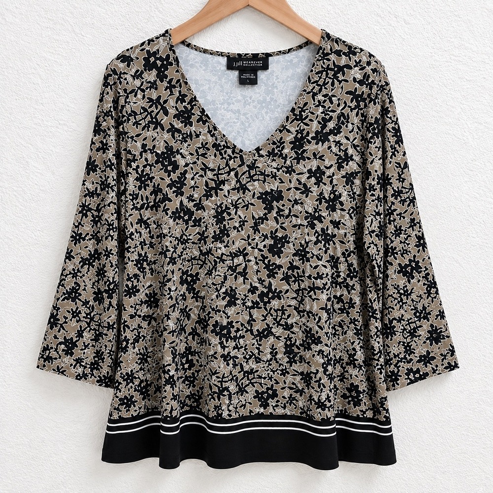 J. Jill Wearever Floral V-Neck Top Large Black Tan 3/4 Sleeve Striped Hem L